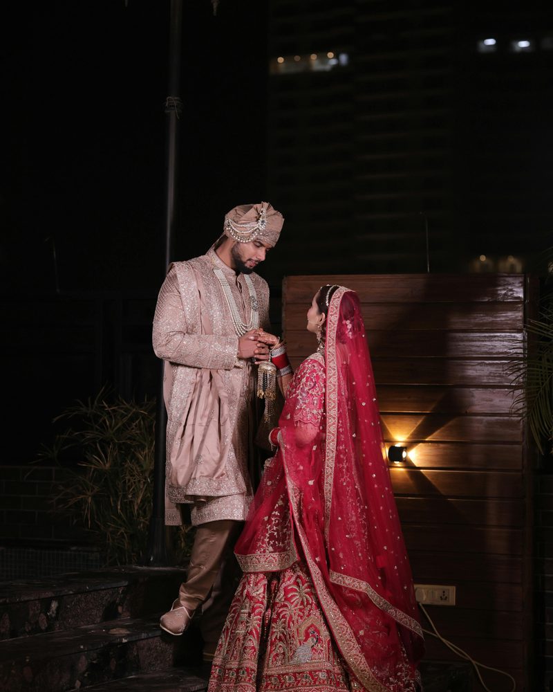 Bride and groom in wedding finery at a Lavoya celebration